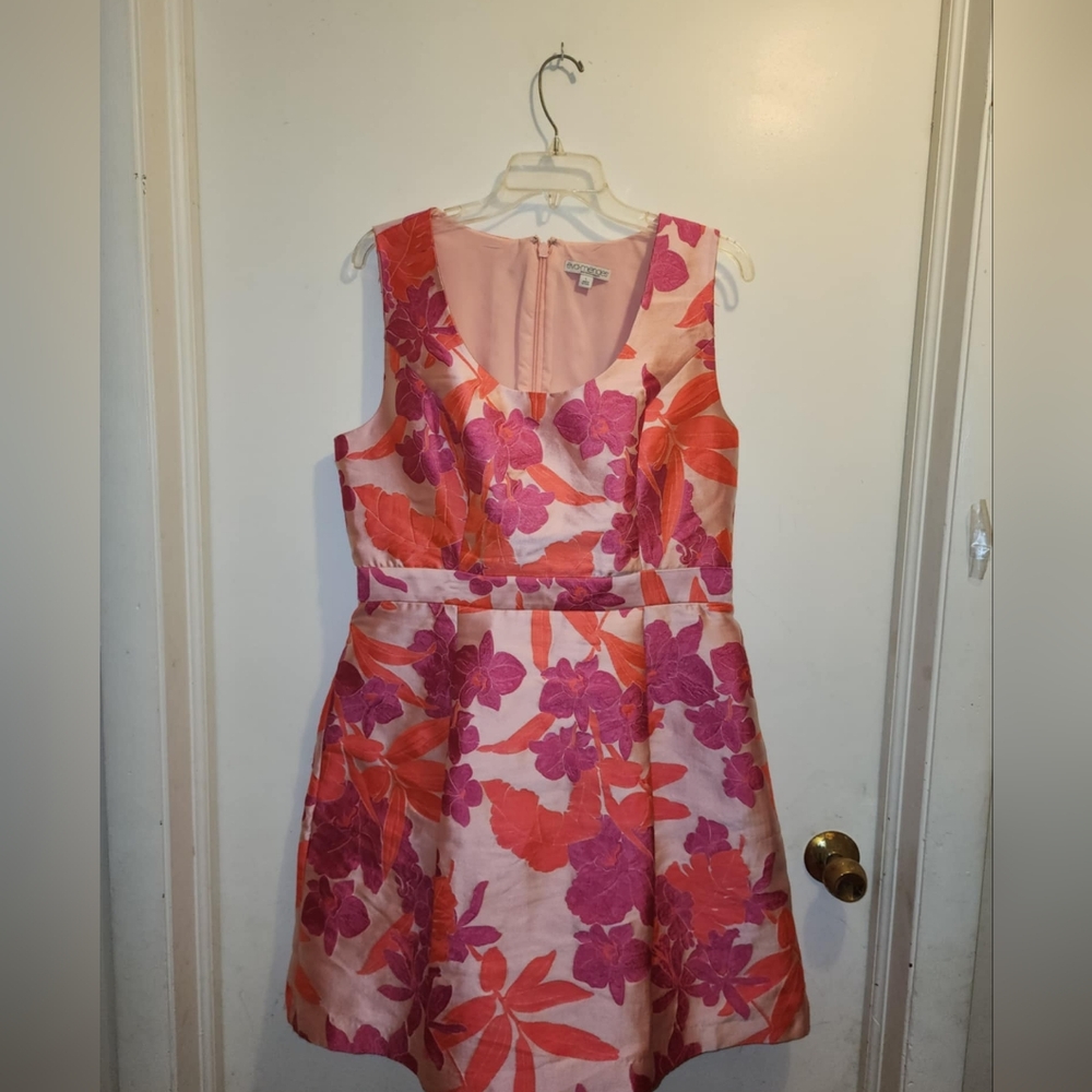 Eva Mendes New York & Co A-Line Dress Sleeveless Pockets Pink Orange Floral L